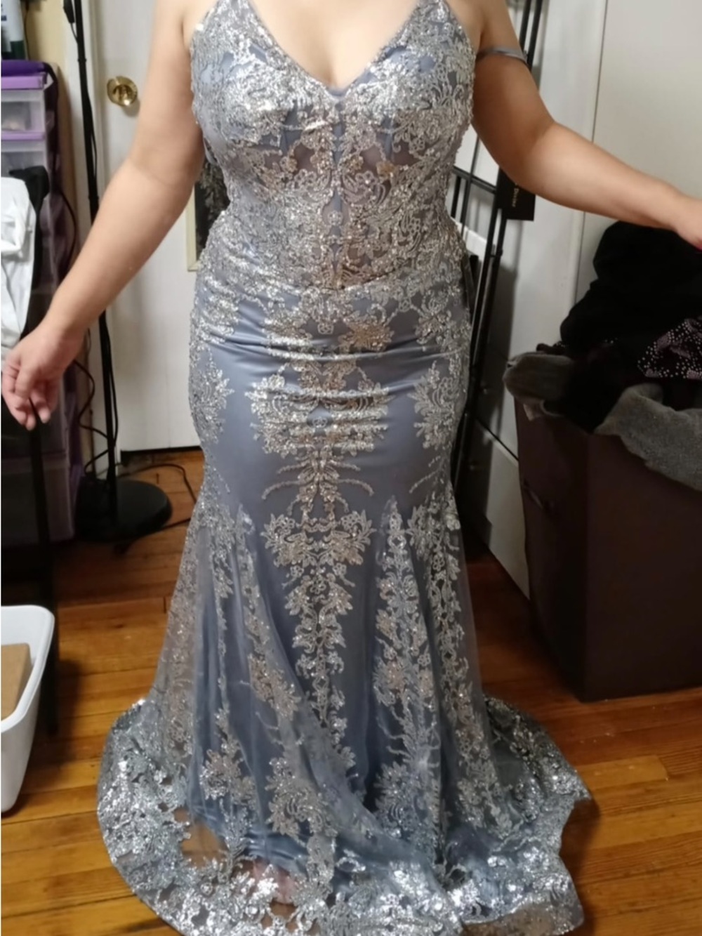 Silver Lace Embroidered V-Neck Mermaid Prom Dress